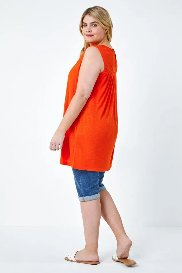 Women Orange Curve Sleeveless Longline Broderie Top Roman Tops