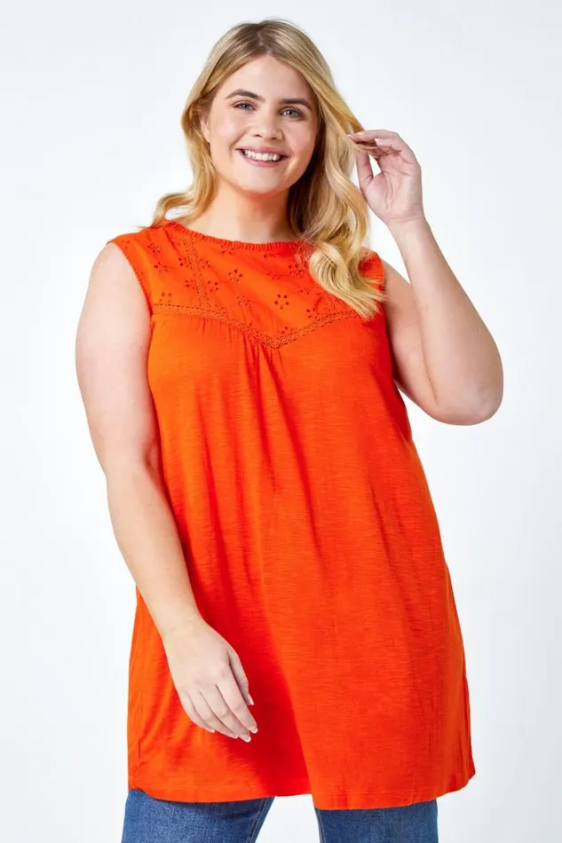 Women Orange Curve Sleeveless Longline Broderie Top Roman Tops