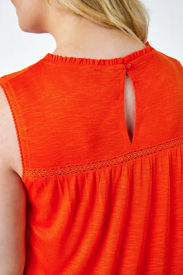 Women Orange Curve Sleeveless Longline Broderie Top Roman Tops
