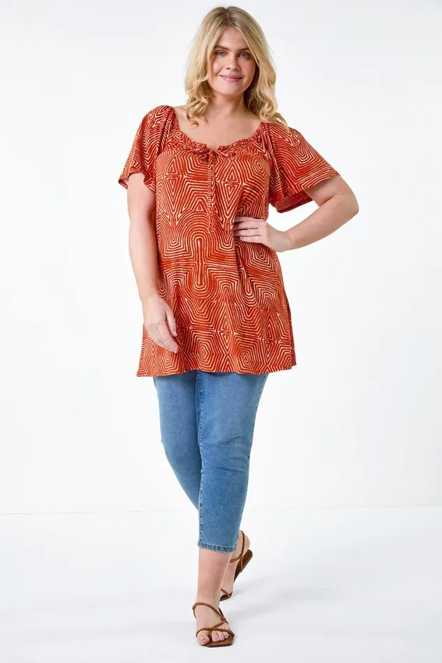Women Orange Curve Tie Front Abstract Stretch Top Roman Tops