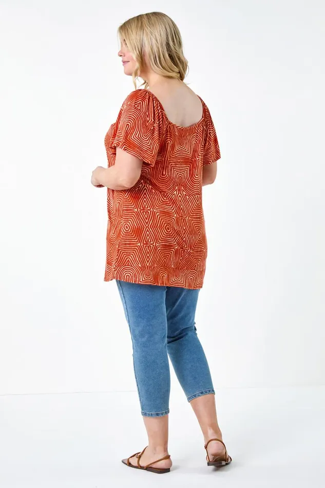 Women Orange Curve Tie Front Abstract Stretch Top Roman Tops