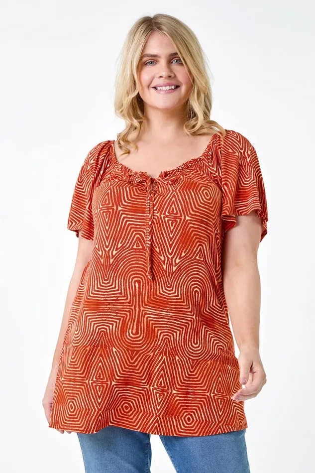 Women Orange Curve Tie Front Abstract Stretch Top Roman Tops