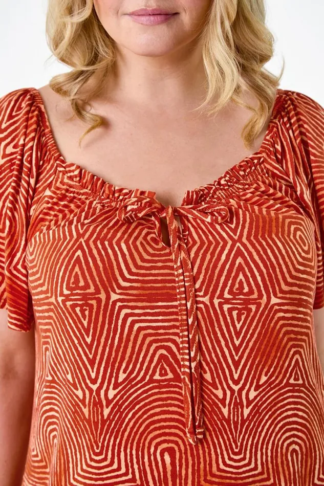 Women Orange Curve Tie Front Abstract Stretch Top Roman Tops