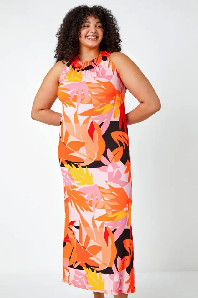 Women Orange Curve Tropical Stretch Jersey Maxi Dress Roman Dresses