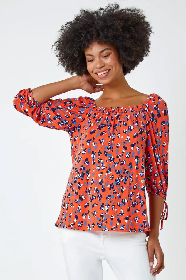 Women Orange Ditsy Floral Print Shirred Top Roman Tops