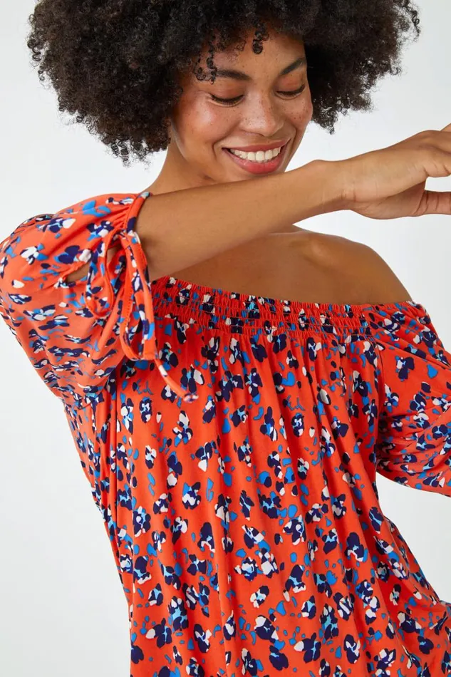Women Orange Ditsy Floral Print Shirred Top Roman Tops
