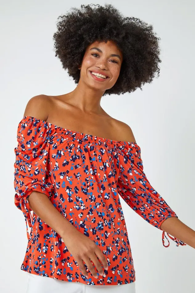 Women Orange Ditsy Floral Print Shirred Top Roman Tops