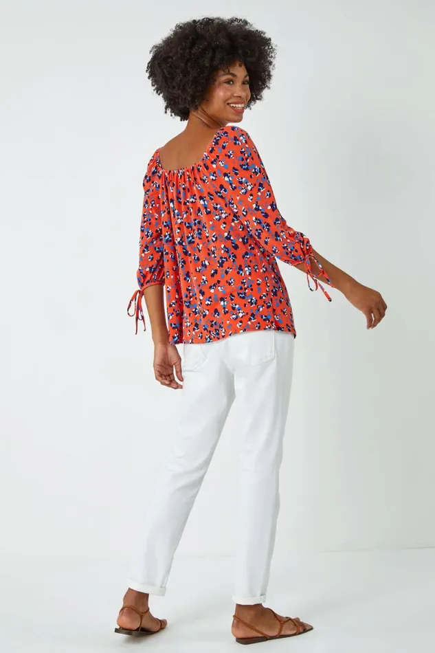 Women Orange Ditsy Floral Print Shirred Top Roman Tops