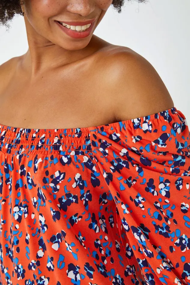 Women Orange Ditsy Floral Print Shirred Top Roman Tops