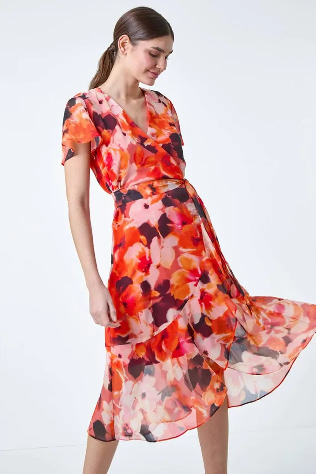 Women Orange Floral Print Chiffon Wrap Dress Roman Dresses