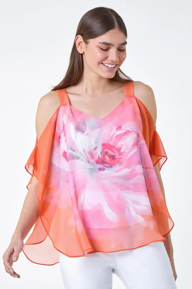 Women Orange Floral Print Cold Shoulder Overlay Top Roman Tops