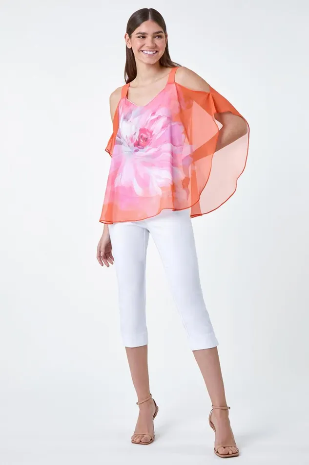 Women Orange Floral Print Cold Shoulder Overlay Top Roman Tops