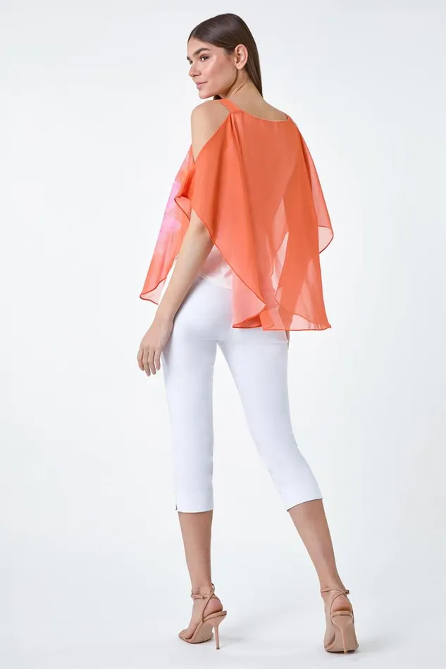 Women Orange Floral Print Cold Shoulder Overlay Top Roman Tops
