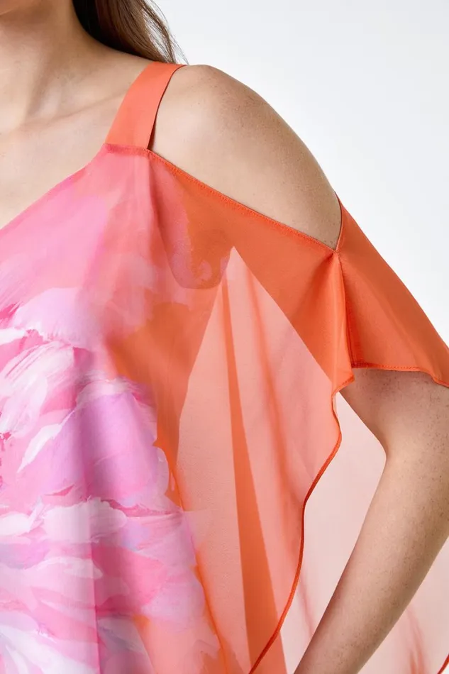 Women Orange Floral Print Cold Shoulder Overlay Top Roman Tops