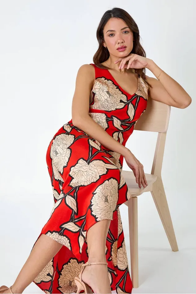 Women Orange Floral Print Satin Midi Dress Roman Dresses
