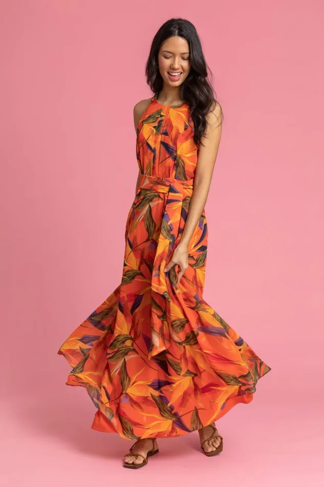 Women Orange Floral Print Tie Waist Chiffon Maxi Dress Roman Dresses