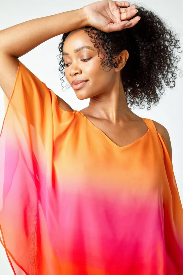 Women Orange Petite Ombre VNeck Cold Shoulder Top Roman Tops