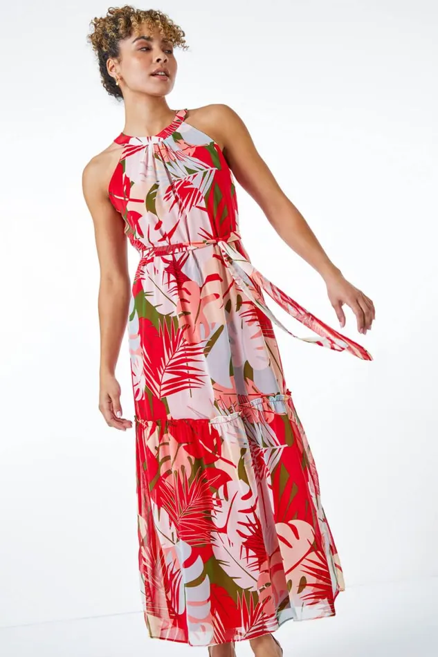 Women Orange Petite Tropical Print Chiffon Tiered Dress Roman Dresses