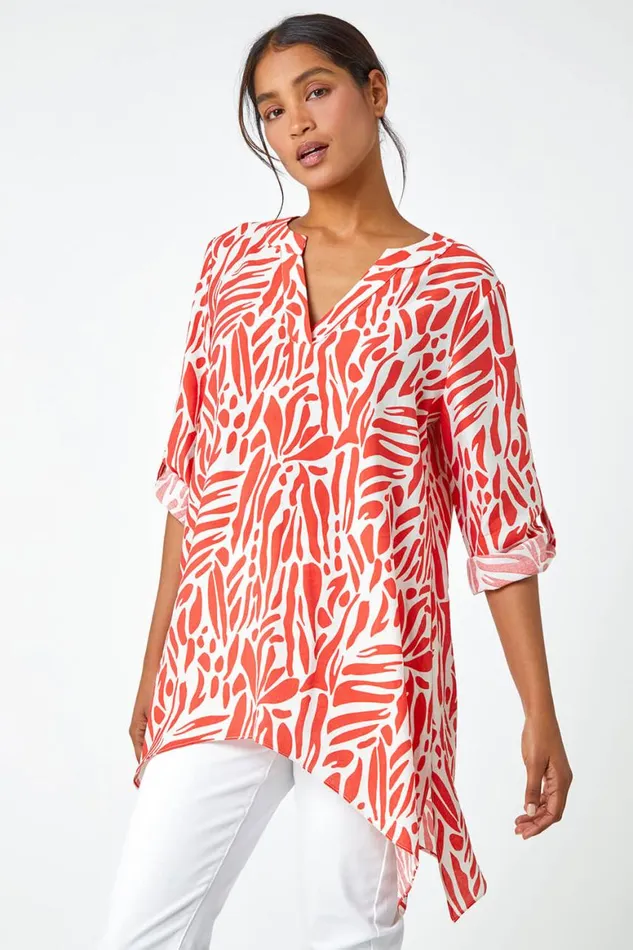 Women Orange Spot Print VNeck Hanky Hem Tunic Top Roman Tops