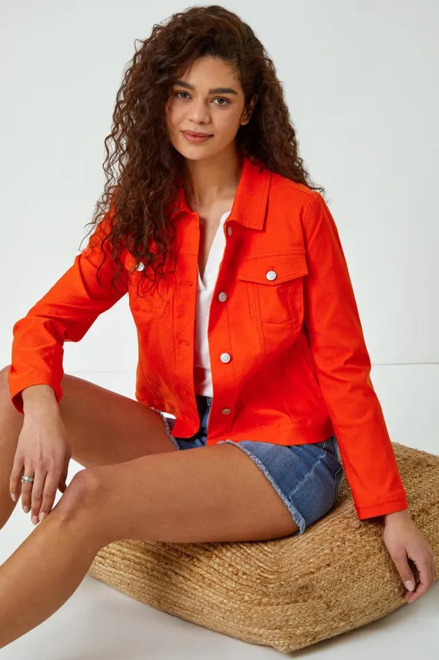 Women Orange Stretch Pocket Detail Jacket Roman Coords