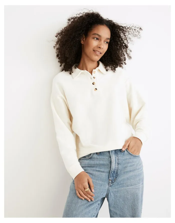 Women Ottoman Jacquard Polo Top Antique Cream Madewell Tops and Shirts