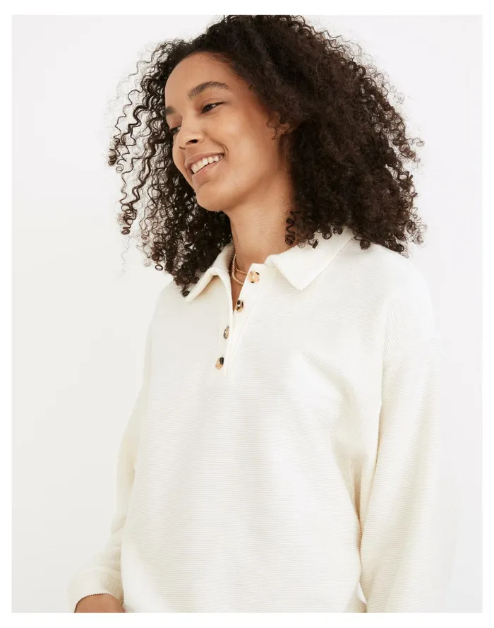 Women Ottoman Jacquard Polo Top Antique Cream Madewell Tops and Shirts Women Ottoman Jacquard Polo Top Antique Cream Madewell Tops and Shirts