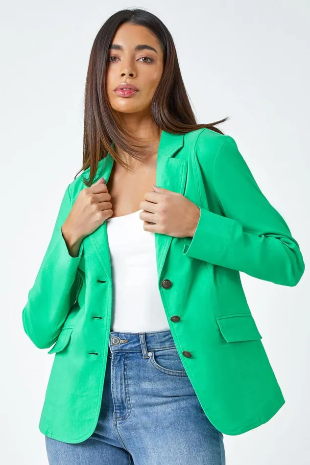 Women Pale Green Button Detail Stretch Blazer Roman Jackets