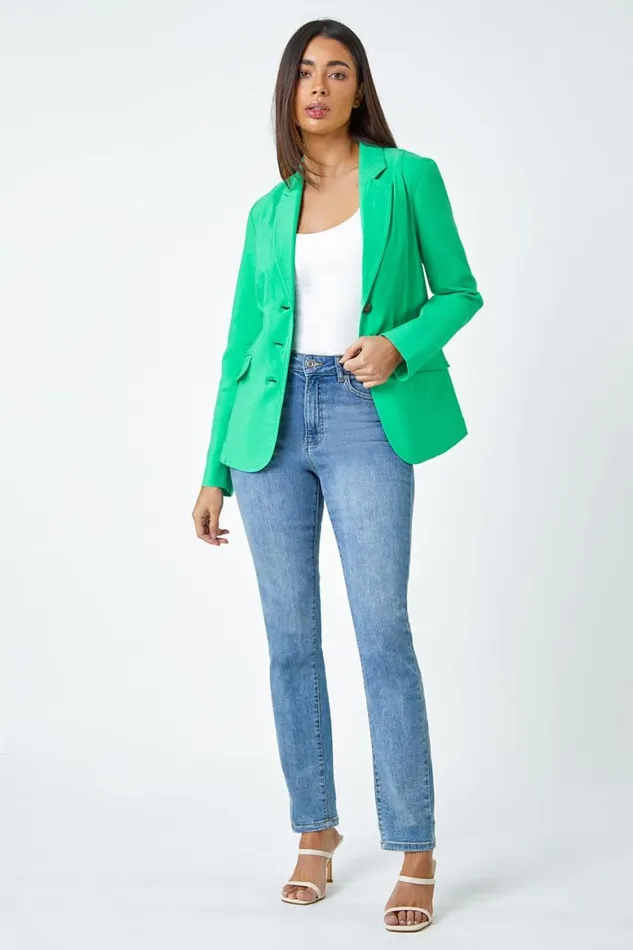 Women Pale Green Button Detail Stretch Blazer Roman Jackets