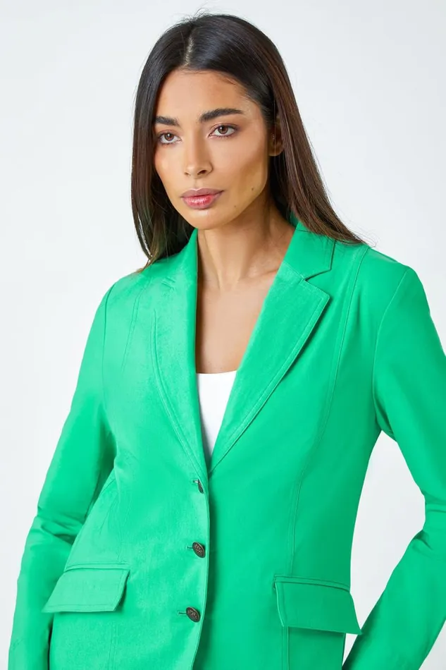 Women Pale Green Button Detail Stretch Blazer Roman Jackets