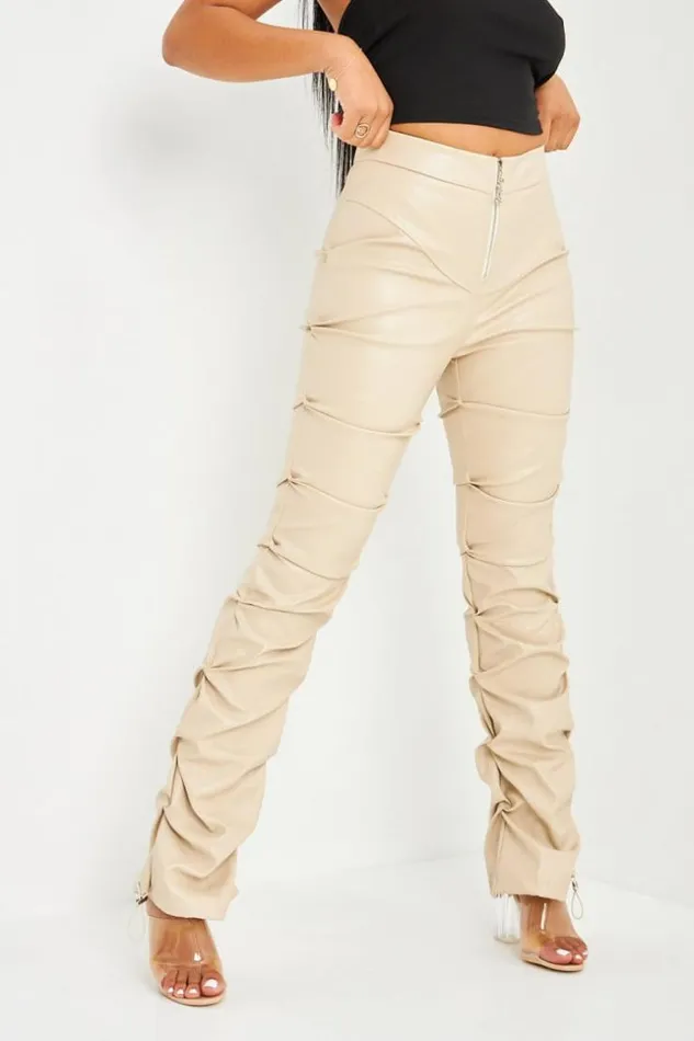 Women Pantalon En Simili Cuir Fronc Beige Brentiny Paris Pants