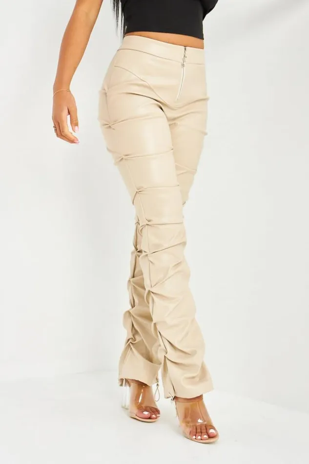 Women Pantalon En Simili Cuir Fronc Beige Brentiny Paris Pants