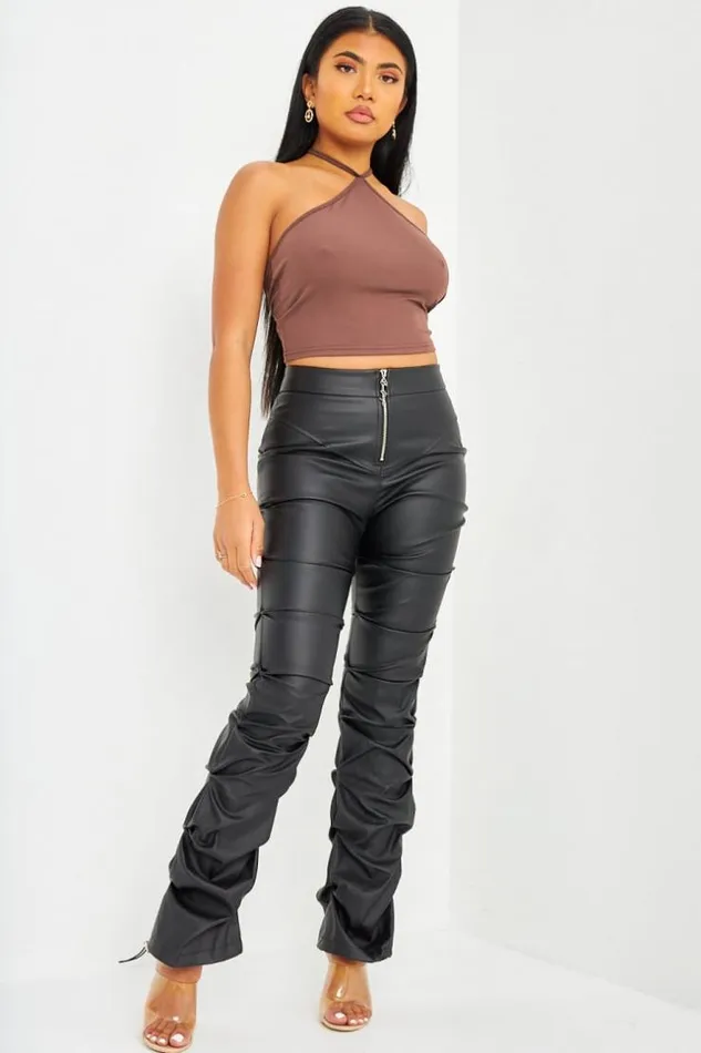 Women Pantalon Fronc En Similicuir Noir Mat Brentiny Paris Pants