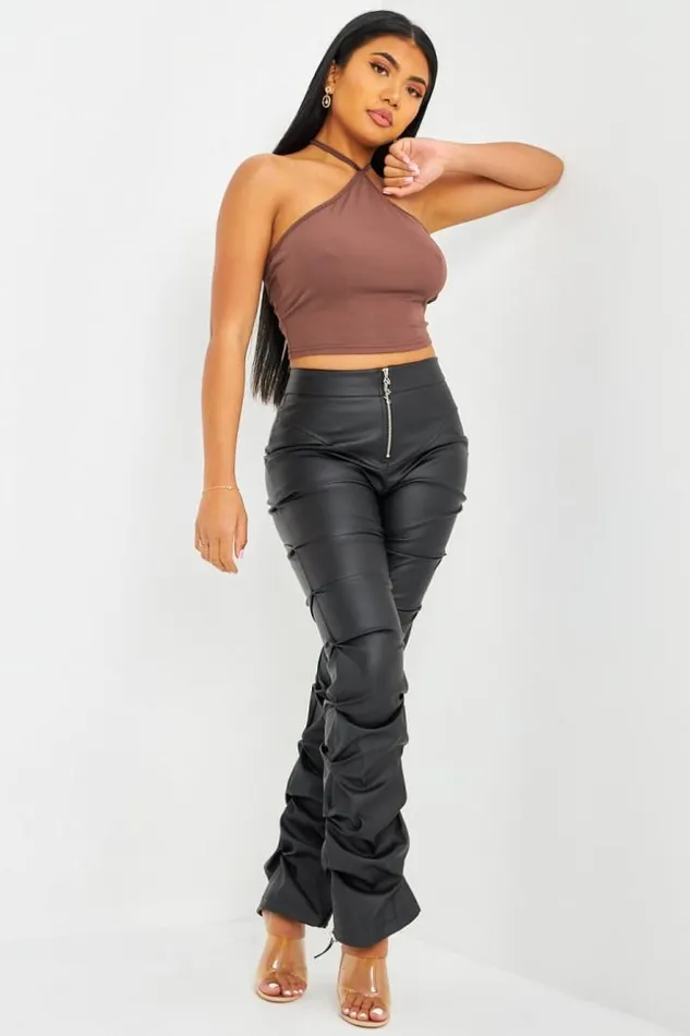 Women Pantalon Fronc En Similicuir Noir Mat Brentiny Paris Pants