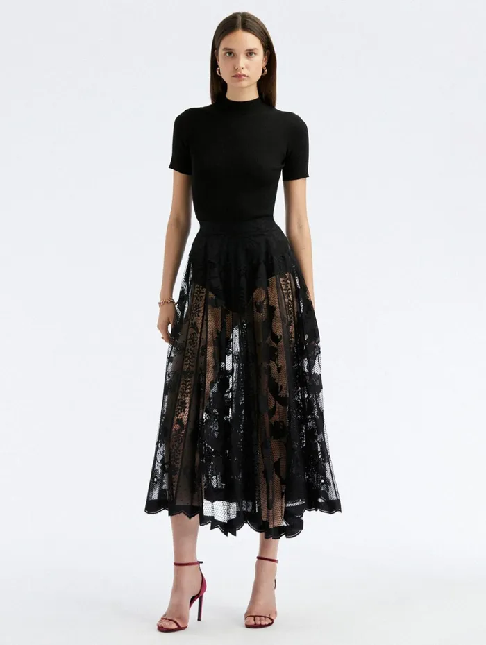 Women Pants and Skirts Oscar De La Renta Floral Guipure Lace Scallop Skirt Black