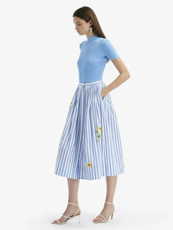 Women Pants and Skirts Oscar De La Renta Nasturtium Embroidered Stripe Cotton Poplin Skirt Bluewhite Women Pants and Skirts Oscar De La Renta Nasturtium Embroidered Stripe Cotton Poplin Skirt Bluewhite