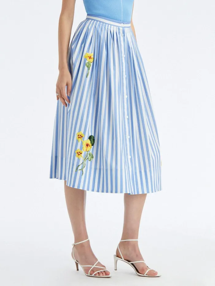 Women Pants and Skirts Oscar De La Renta Nasturtium Embroidered Stripe Cotton Poplin Skirt Bluewhite Women Pants and Skirts Oscar De La Renta Nasturtium Embroidered Stripe Cotton Poplin Skirt Bluewhite