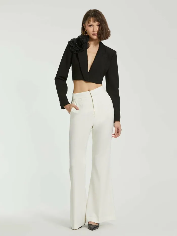 Women Pants Mac Duggal Ivory Classic Crepe Flared Trouser Pant 8211 FINAL SALE Ivory