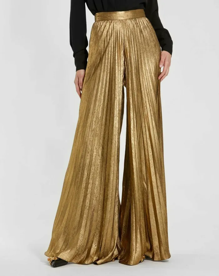 Women Pants Mac Duggal Metallic Lam Pleated Wide Leg Pant Gold