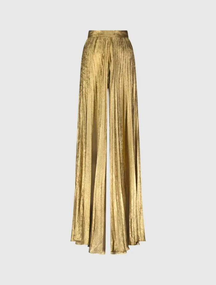 Women Pants Mac Duggal Metallic Lam Pleated Wide Leg Pant Gold