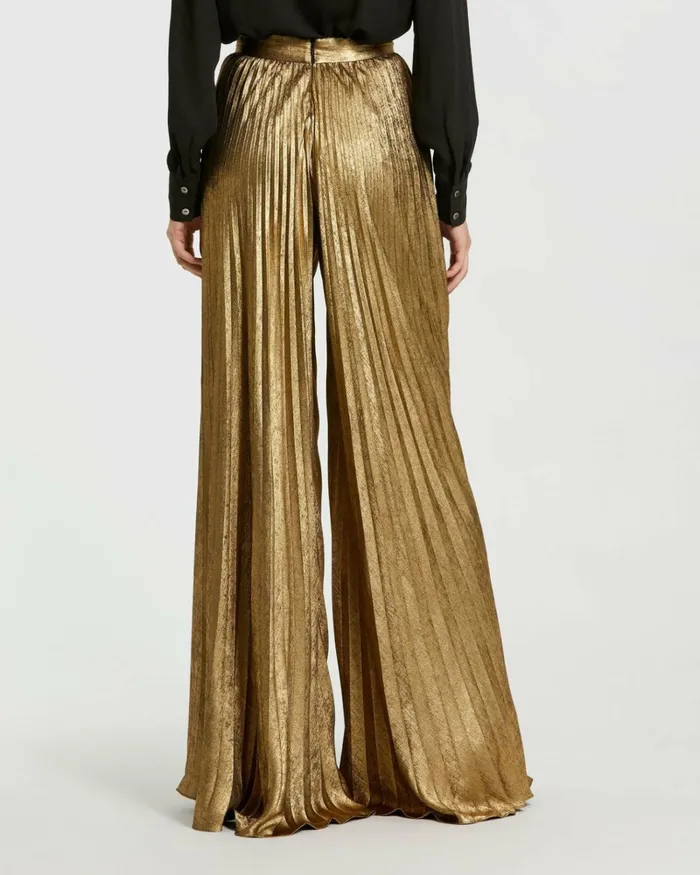 Women Pants Mac Duggal Metallic Lam Pleated Wide Leg Pant Gold