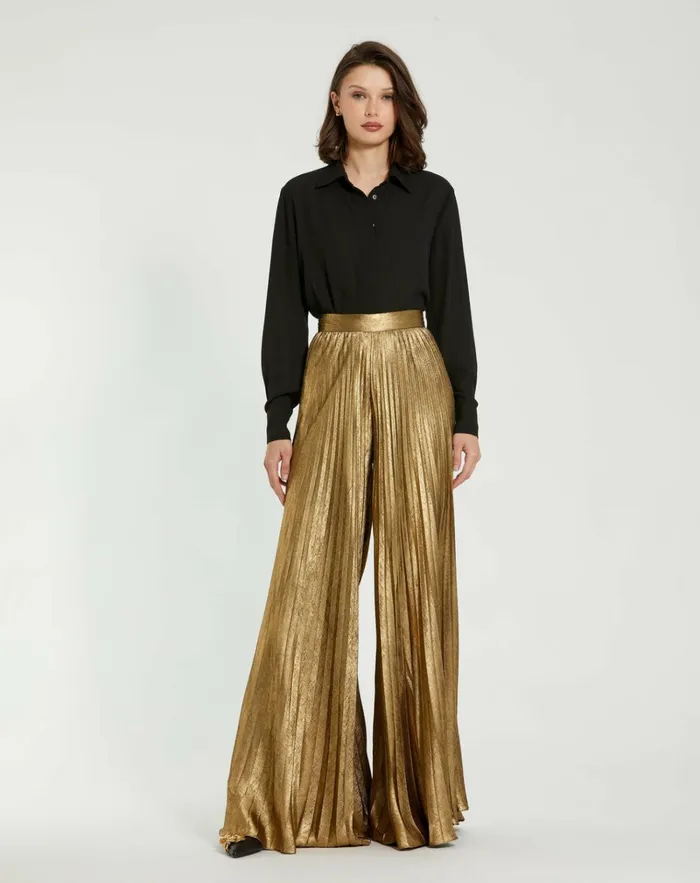 Women Pants Mac Duggal Metallic Lam Pleated Wide Leg Pant Gold