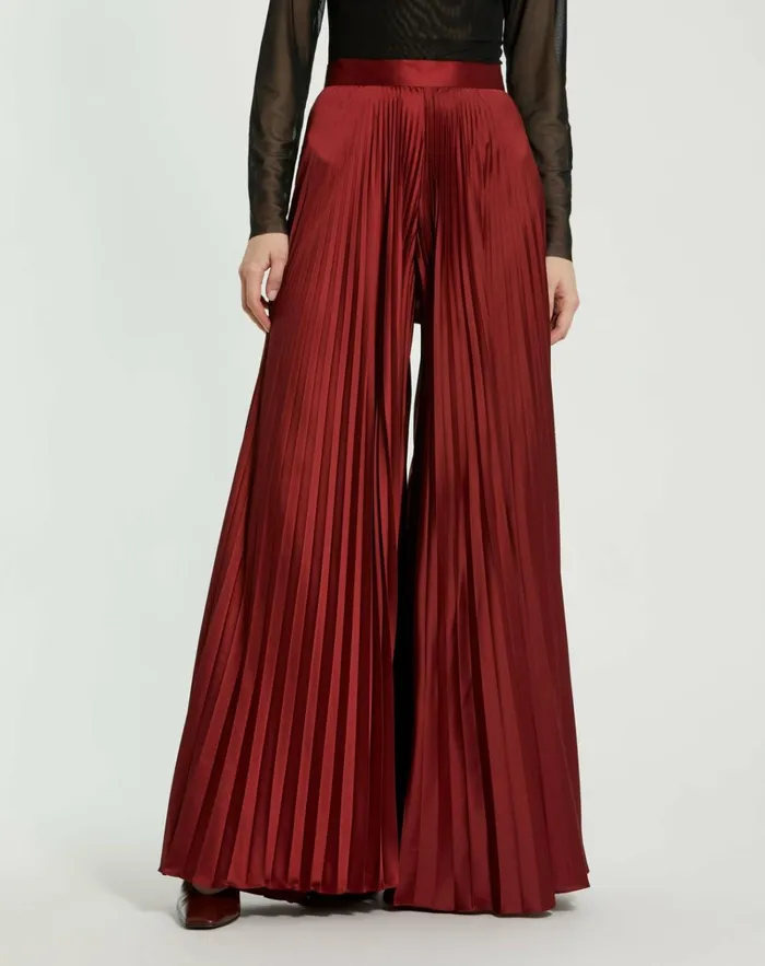 Women Pants Mac Duggal Pleated Charmeuse Wide Leg Pants Oxblood