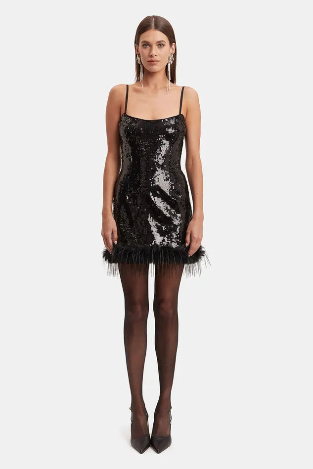 Women Party Dresses Bardot Laurel Faux Fur Mini Dress In Black Sequin Black Sequin