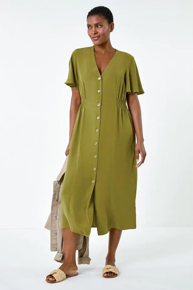 Women Pea Green Button Through Shirred Midi Dress Roman Dresses