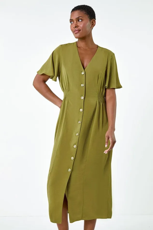 Women Pea Green Button Through Shirred Midi Dress Roman Dresses