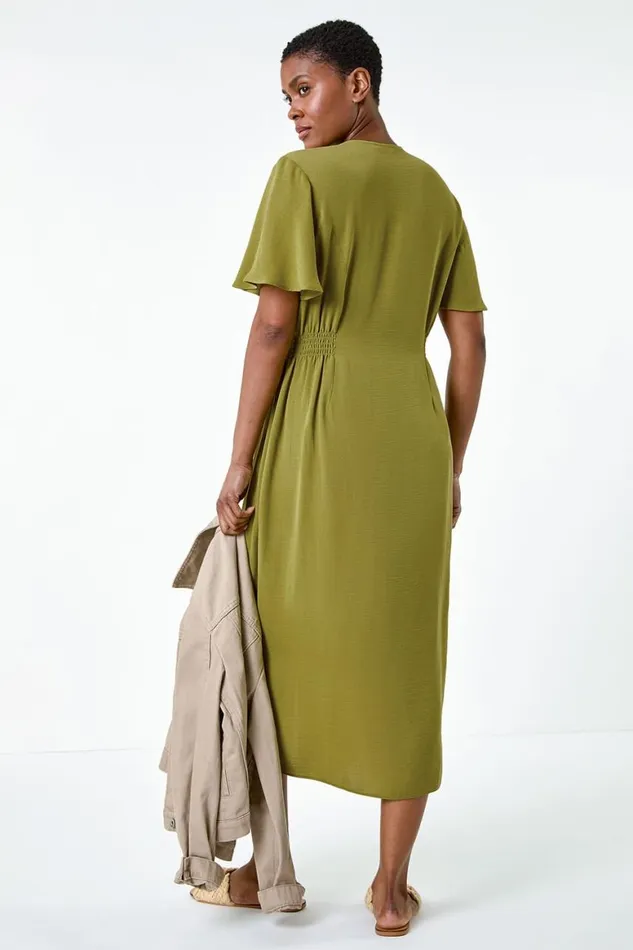 Women Pea Green Button Through Shirred Midi Dress Roman Dresses