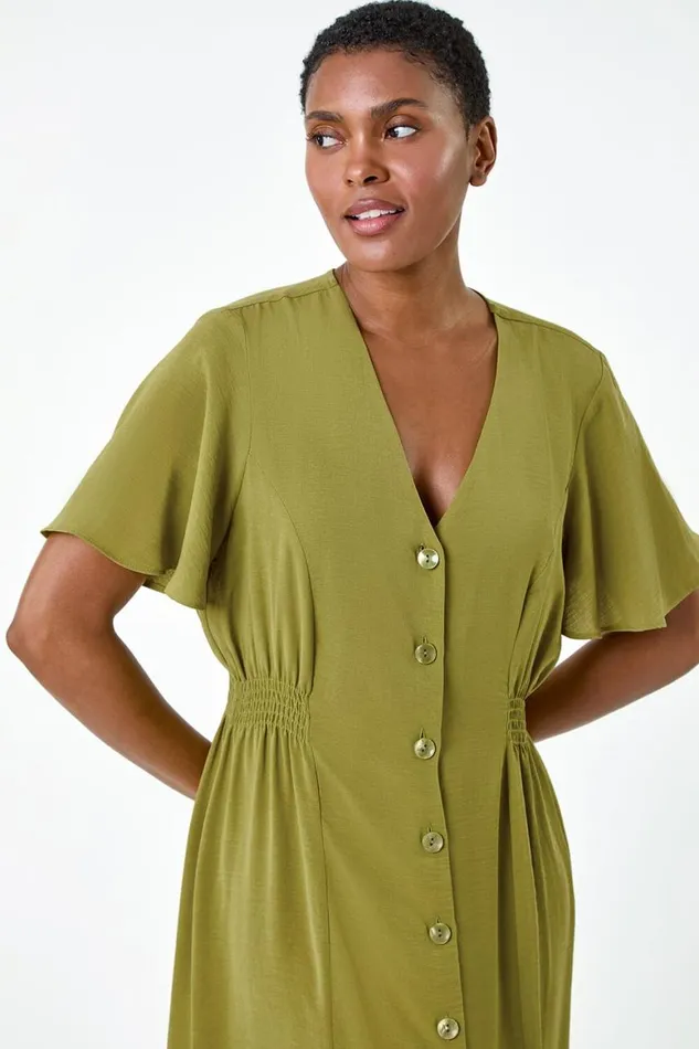 Women Pea Green Button Through Shirred Midi Dress Roman Dresses