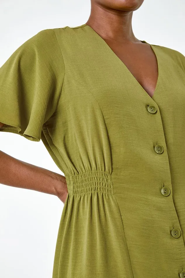 Women Pea Green Button Through Shirred Midi Dress Roman Dresses