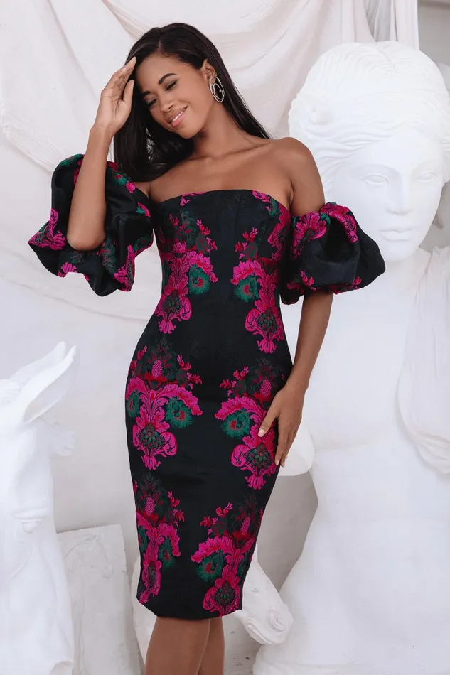 Women Pencil Dresses Lavish Alice CAPRI Jacquard Volume Sleeve Bardot Midi Dress In Black Black