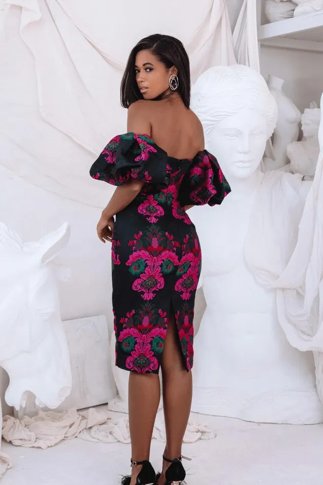 Women Pencil Dresses Lavish Alice CAPRI Jacquard Volume Sleeve Bardot Midi Dress In Black Black